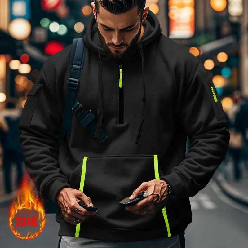 Autumn and winter hot new fashion plus velvet hoodie arm zipper pocket casual sports high quality mens pullover top W241213