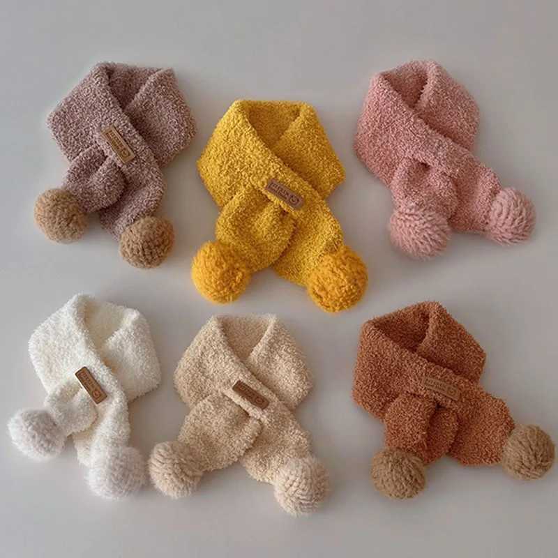 Scarves Wraps 0-8Y Childrens Bear Cross Scarf Boys And Girls Plush Ball Soft Breathablr Knitted Autumn Winter Solid Color Baby Warm Scarves H241213