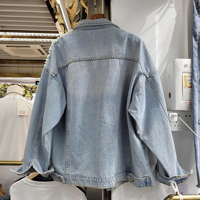 Heavy duty work pearl diamond denim jacket womens loose short denim jacket retro blue hole large pocket denim jacket womens jacket 241209