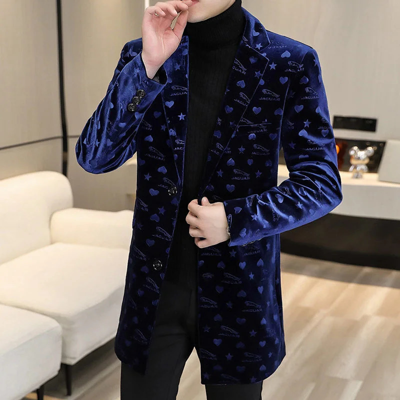 Blue Print Velvet Warm Coat ner Men Winter Wool Blends Jacket Trendy Slim Fit Long And For 241213