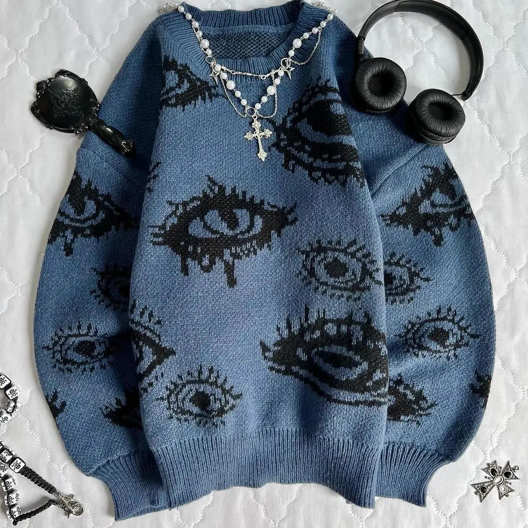Gothic Punk Oversized Eye Pattern Sweaters for Men and Women Autumn Winter Thickened Sweatshirts Knitted Sweater Streetwear 241213