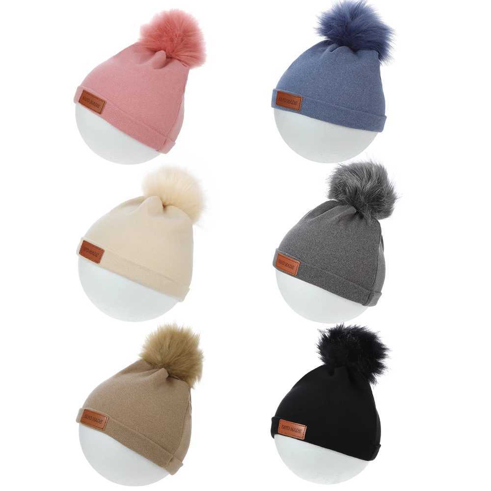 Pompom Faux Cashmere Baby Turban Hats Leather Stick Warm Winter Caps Newborn Boys Girls Beanies Bonnet Kids Headwraps HeadwearXJ241213