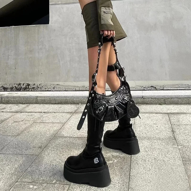 Street Style Autumn Winter Women Knee High Boots Fashion Slip on Platform Heels Concise Long Botas De Mujer 241213