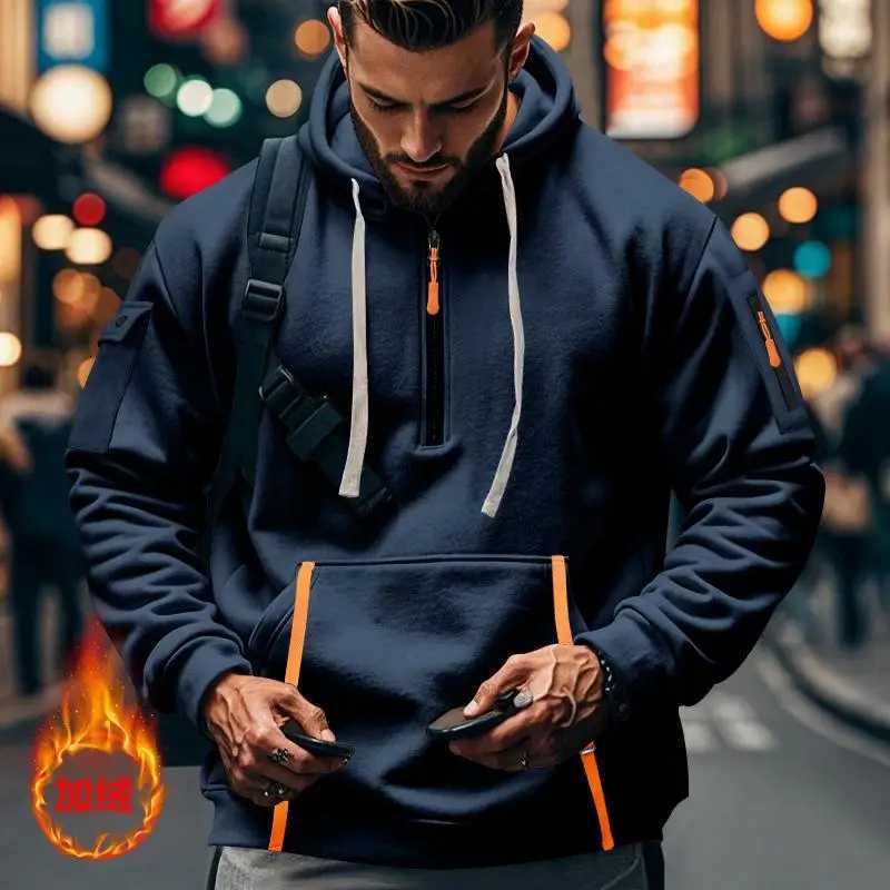 Autumn and winter hot new fashion plus velvet hoodie arm zipper pocket casual sports high quality mens pullover top W241213