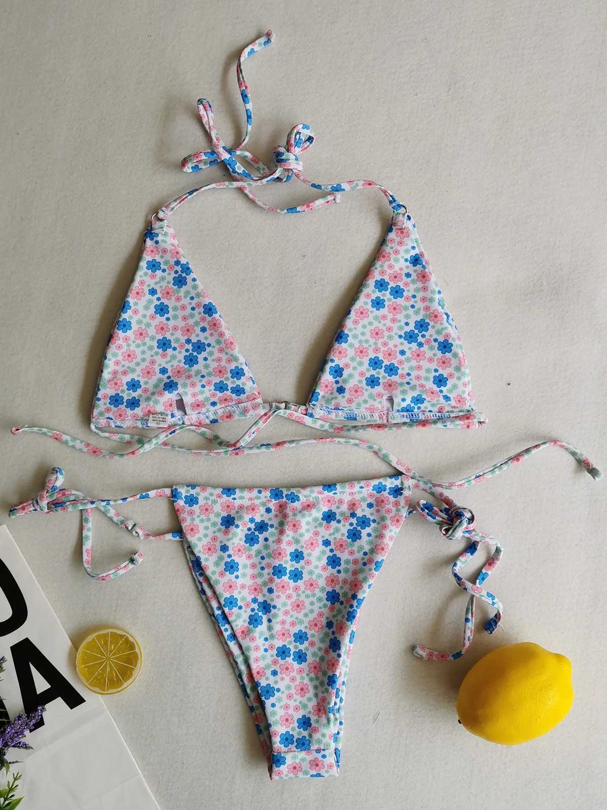 Flower Polka Dots Printed Warp Around Bikini Fa Swimsuit Women Swimwear Two-pieces Bikini set Bather Bathing Suit Swim K5323XJ241212