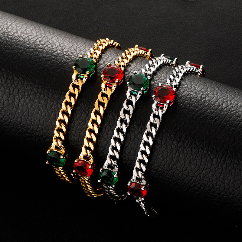 Wolf Tide New In Multicolor Stainless Steel Cuban Link Chain Bracelets For Men And Women Green Red Diamond 18k Gold Plated Curb Chains Choker Bijoux P
