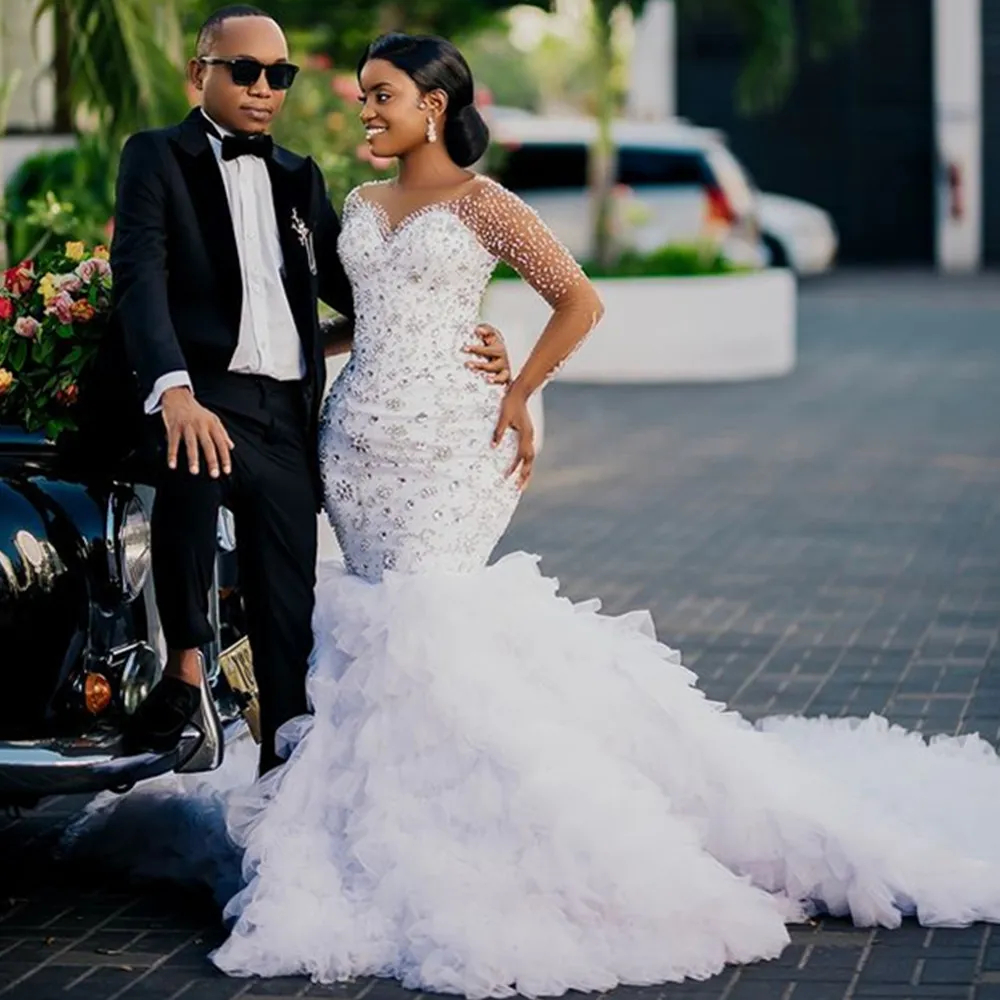 Luxurious Beaded African Mermaid Wedding Dresses Long Sleeves Elegant Bridal Gowns Tiered Tulle Train Ivory Vestido De Novia 2025
