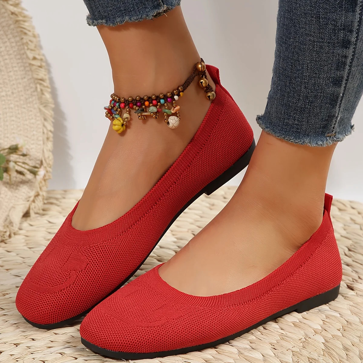 Womens Flat Shoes Solid Color Knitted Slippers Casual Breathable Ballet Soft Shoes Womens Flat Shoes Zapatos De Mujer 241213