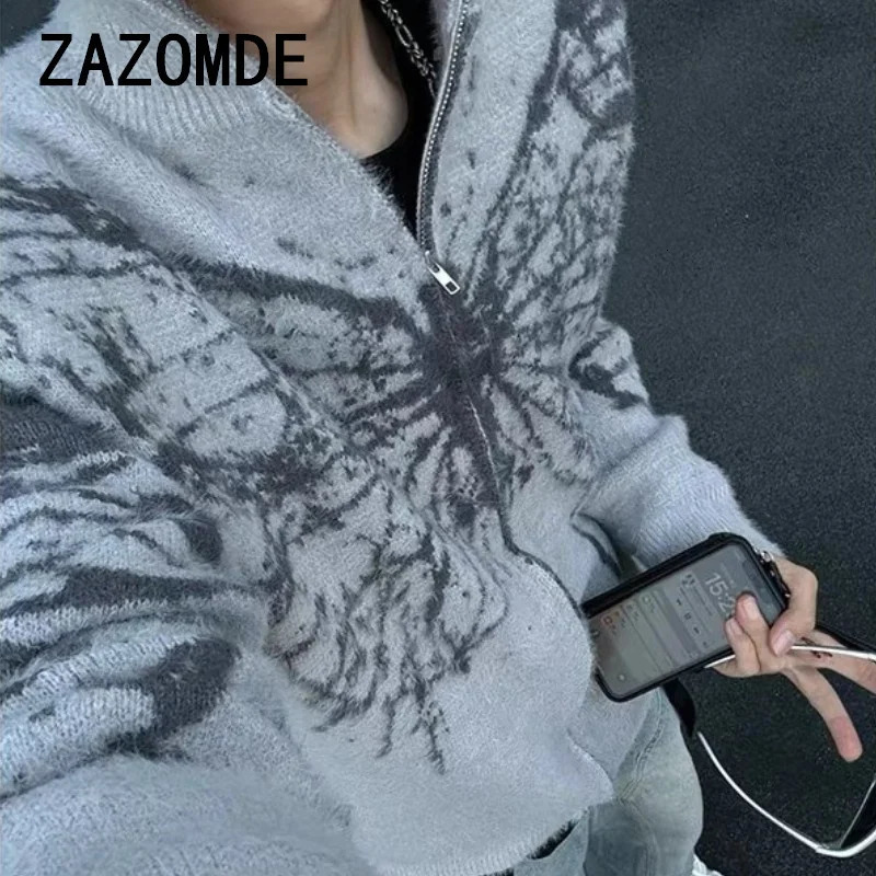 ZAZOMDE Winter Vintage Butterfly Graphic Zip Up Cardigan Man Y2k Streetwear Oversized Knitted Sweater Jacket Long Sleeve Tops 241213