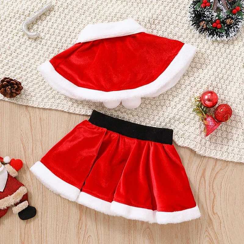 1-4T childrens and girls 2-piece Christmas clothing with contrasting color splicing collar plush ball tie shawl top elastic waist skiing set W241213