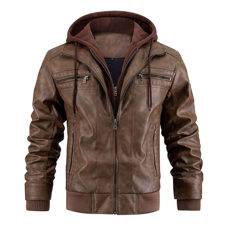European And American Hooded PU Leather Jacket, Men's Winter New Warm Jacket