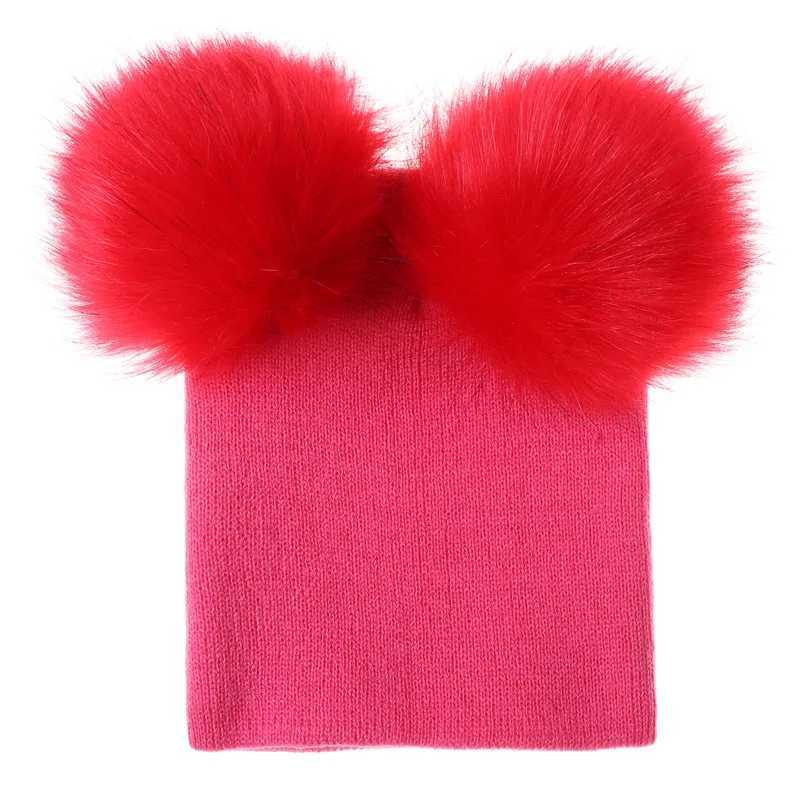 Baby Winter Warm Wool Knitted Beanie Hats Caps Kids Two Fur Pom pom Bobble Ball Beanies Girls Boys Children Hat Cotton Soft CapXJ241213