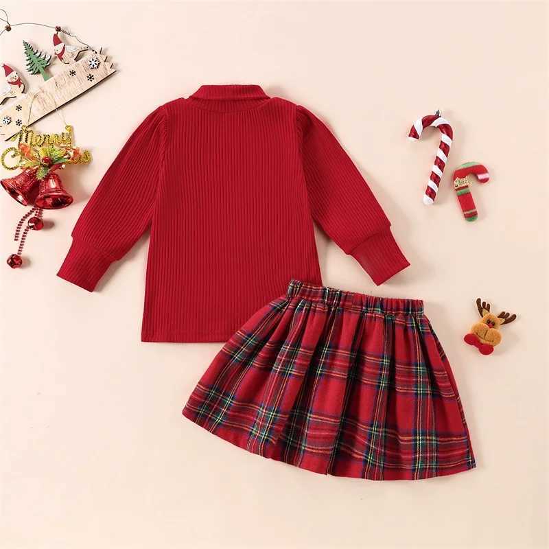 Pudcoco little girl Christmas set solid ribbed plain neck long sleeved top plain elastic waist A-Line ski 2-piece set 1-5T W241213