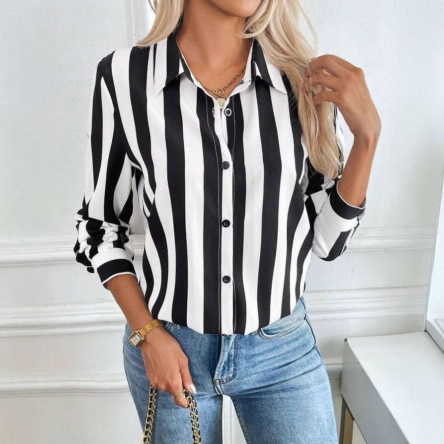 European American Clothing Spring Summer New Products, Versatile Blue Striped Shirts, Women's Trendy Clothing, Fashionable And Casual Temperament