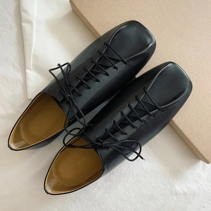 2024 Spring/Autumn Leather Shoes for Womens Casual Lace Flat Top Single Shoes Square Toe Solid Color Loafers Office Womens Shoes 241213