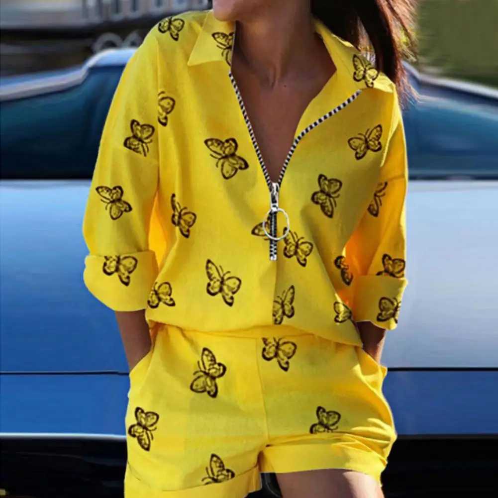Women's Two Piece Pants Women Suit Two Piece Set Shirt Shorts Suit Matching Female Sets Zipper Short Set Women Summer Trendy Clothes Y24121311W4