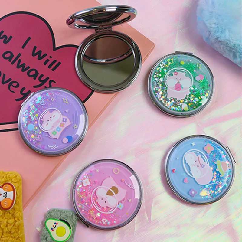 TSHOU884 Portable Double-Sided Folding Cosmetic Mirror Girl Gift Flowing Sparkling Sand Mini Avocado Makeup Mirror CompactXJ241213