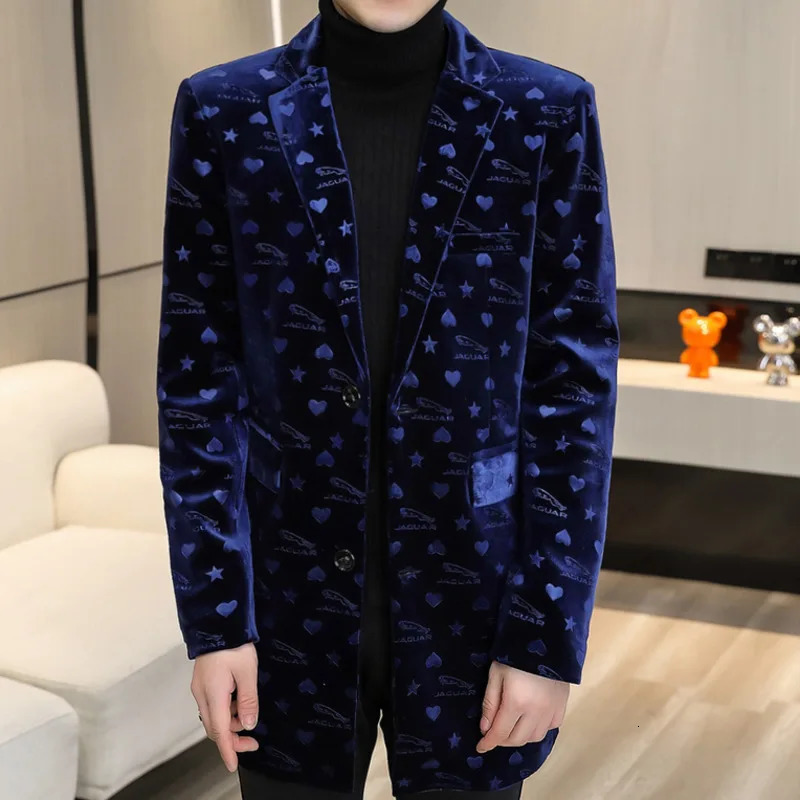 Blue Print Velvet Warm Coat ner Men Winter Wool Blends Jacket Trendy Slim Fit Long And For 241213