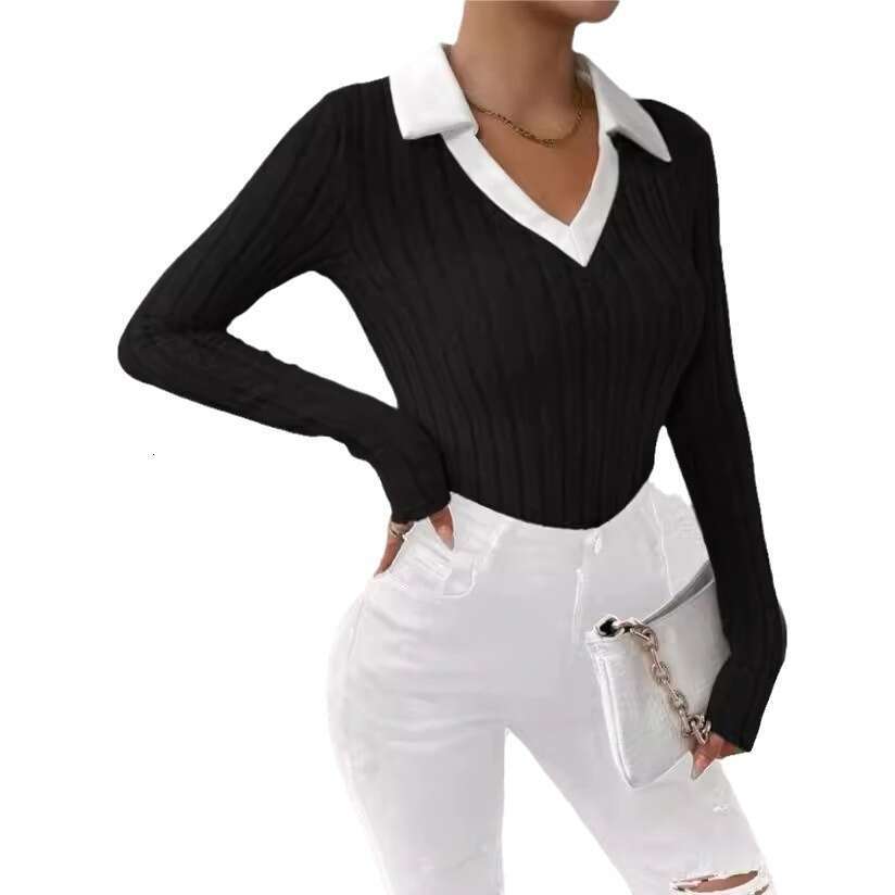 European American 2024 Spring Autumn new pullover knitted long sleeved top with large V-neck and simple base T-shirt