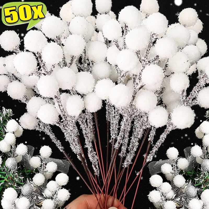 5/50pcs Artificial Holly Berry Stem Frosted Christmas White Berry Branches DIY Wreath Xmas Tree Ornament Wedding Home DecorationXJ241212