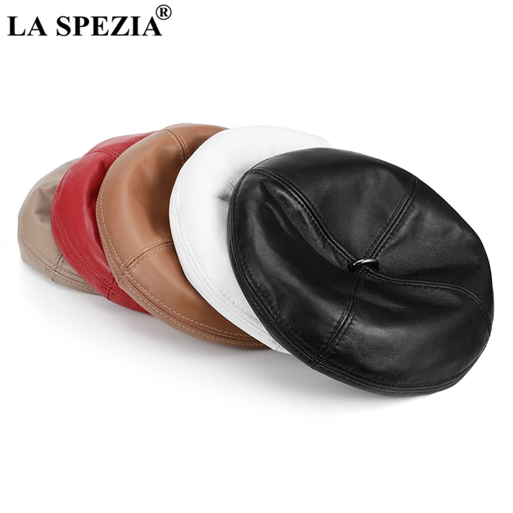 LA SPEZIA Women Beret Hat Vintage Red Womens Hats Genuine Leather Sheepskin Solid Red Blue White Black Autumn Winter Hat 241213