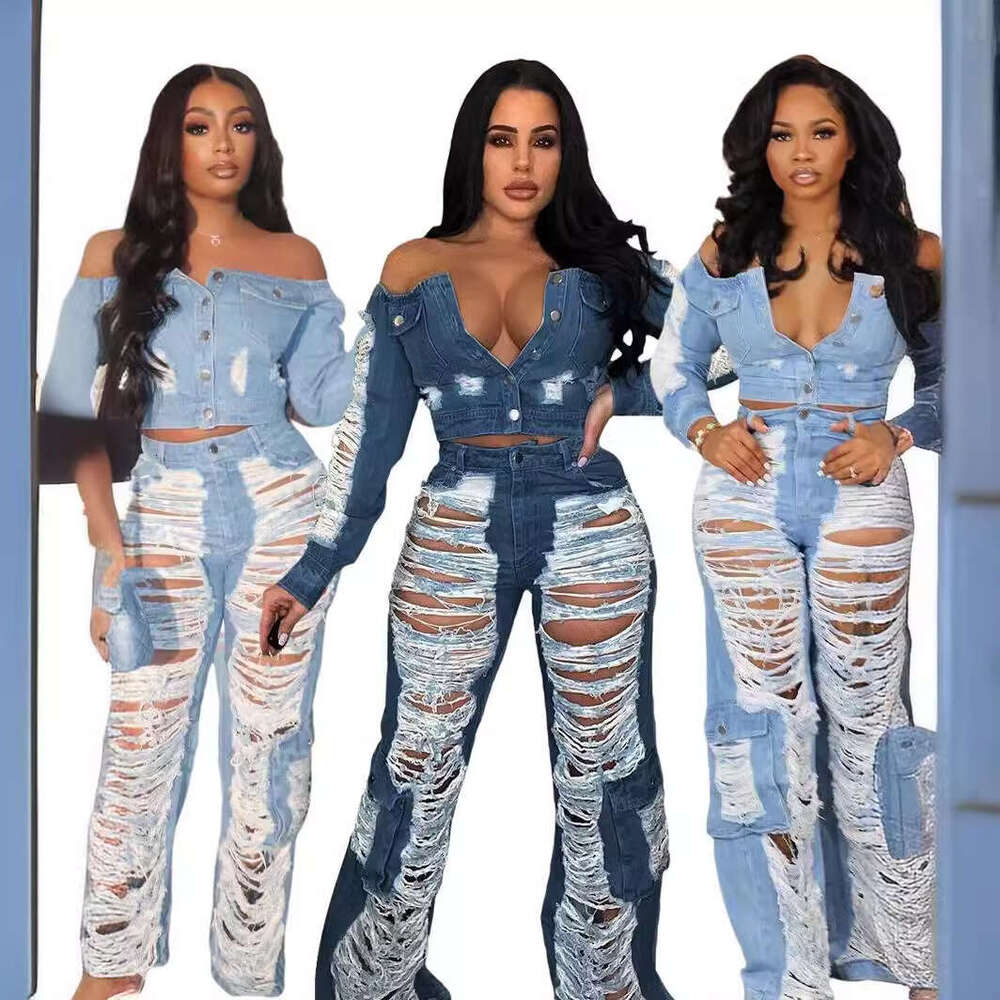 Summer European And American Women's Clothing New Fashion Casual Pocket Hole Straight Leg Pants Jeans