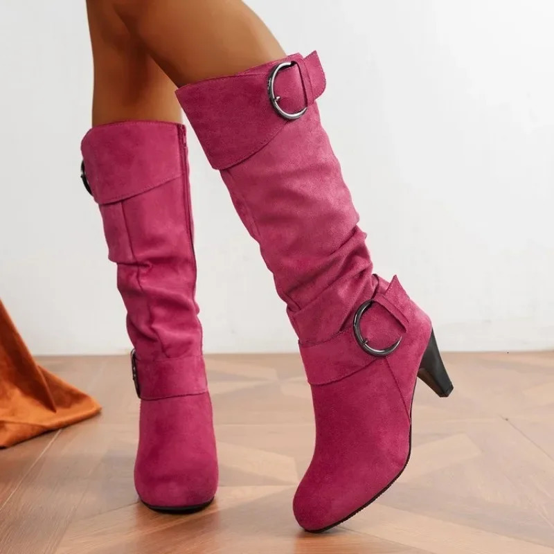 Autumn Fashion Womens Boots Side Zip Shoes Women Mid-calf Boots Pointed Tip Ladies High Heels Suede Winter Boots For Women 241213
