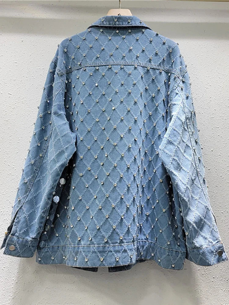 womens diamond bead denim jacket Rhinestone sequin jeans bomber jacket crystal denim cardigan single chest top 241209