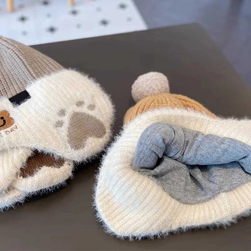 Baby Bear Hat Children Plush Earmuffs Cap 1-6year Kids Winter Warm Knitted Hat Beanie Pompom Ball Toddler Ear Protection CapsXJ241213