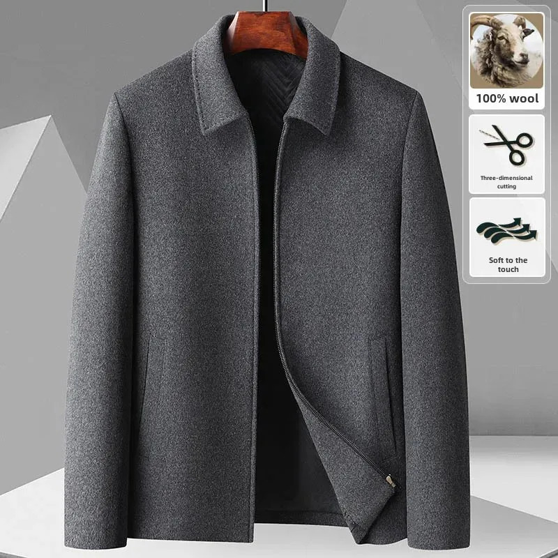 Autumn Winter Mens 100% Wool Jacket Business Casual Overcoat Mid Age Lapel Cropped Men 241213