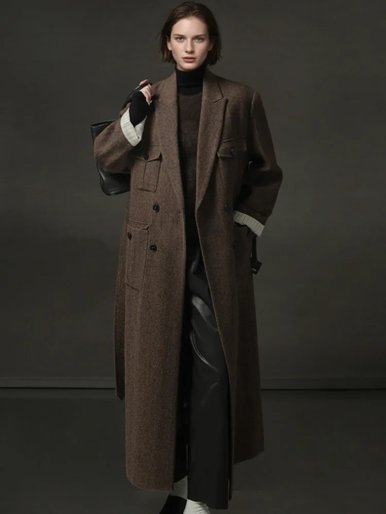 DFDG Herringbone Pattern Right Angled Shoulder n Temperament Cashmere Woolen Coat Autumn Winter For Women 241213