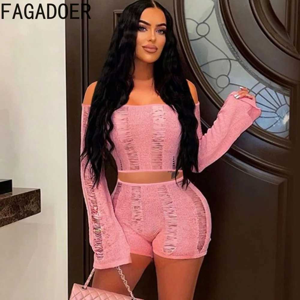 Women's Two Piece Pants FAGADOER Sexy Knitting Hollow Out Shorts Two Piece Sets Women Off Shoulder Crop Top And Shorts Outfits Female Solid 2pcs 
