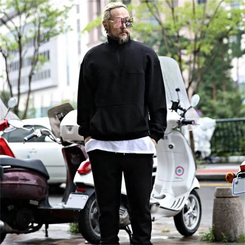 Mens spliced casual long sleeved sweatshirt Korean style plus size fashion vertical collar loose zipper 241211
