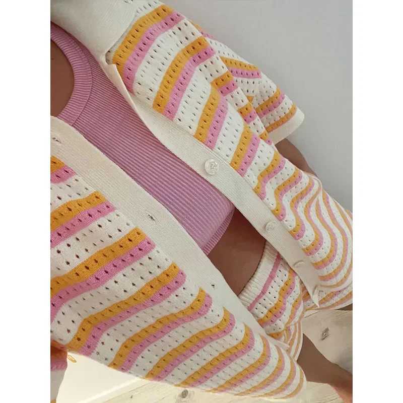 Women's Two Piece Pants JINIA Summer Striped Knitted 2 Piece Short Sets Women 2024 Casual Single Breasted Lapel Cardigan Short Sets Ladies Boho O