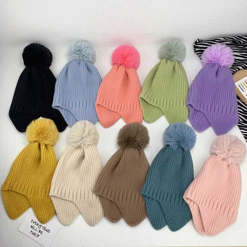 Winter Baby Beanie Hat With Earflap Fur Ball Winter Woolen Knitted Hats For Kids Outdoor Warm Girls Boys Ear Protection CapXJ241213
