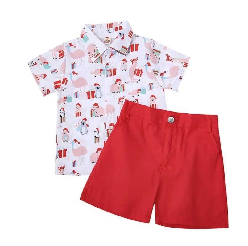 Kids Christmas Sets Short Sleeved Shirt+pants 2PCS Suit Fashion Cartoon Santa Print Children Clothing Casual Baby Boy Clothes W241213