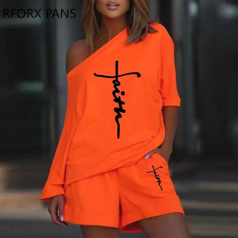 Women's Two Piece Pants Women Chic Thr Quarter Slves Letter Pattern Skew Collar Mini Casual Straight Short Sets Y241213PQN3