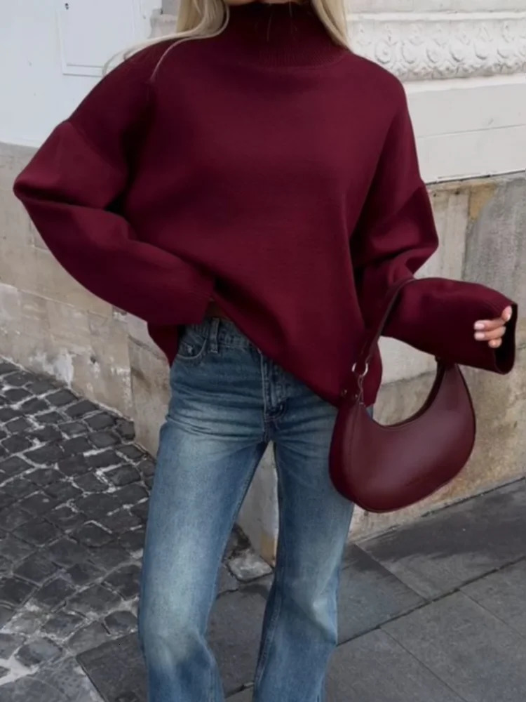 Casual Solid Round Half High Collar Womens Jumper Elegant Long Sleeved Loose Pullover Sweater 2024 Autumn Female Basic Knitwear 241203