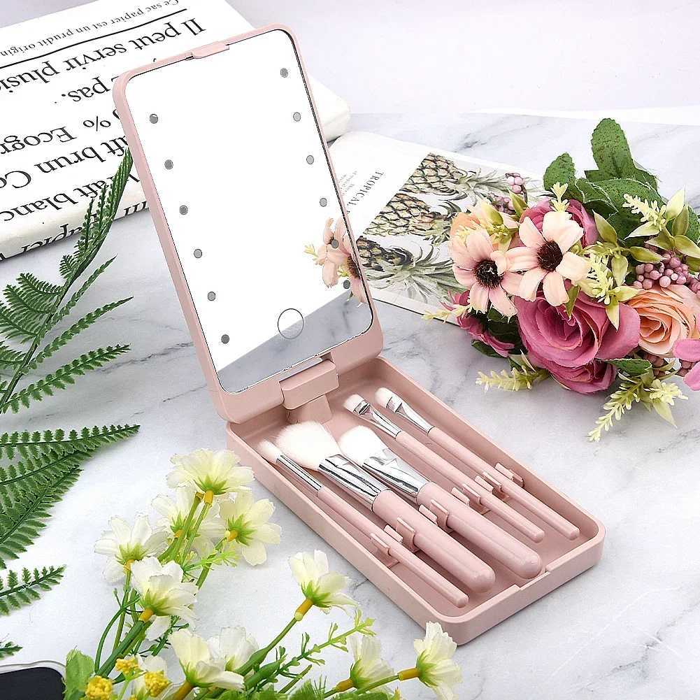 LED Makeup Mirror 5 Cosmetic Brushes Storage Box Compact 360 Foldable Cosmetic Mirror Practical Convenient Carry Vanity MirrorXJ241213