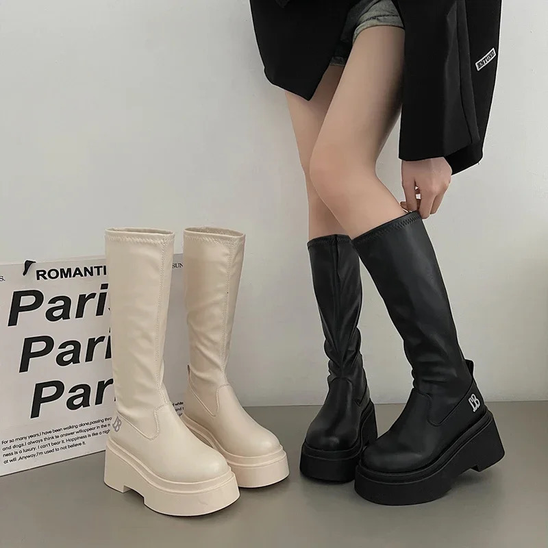 Autumn and Winter Short and Fat Womens Knee High Boots Fashion Soft Leather Platform Shoes Comfortable Long Botas De Mujer 241212
