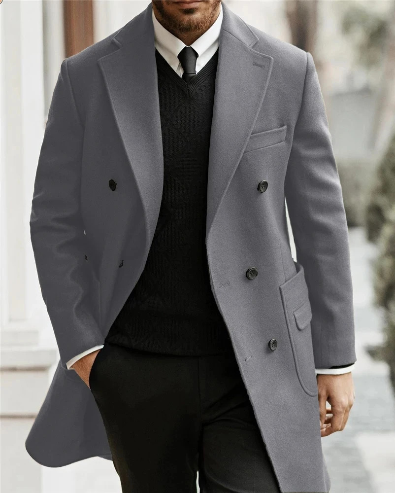 Classic Man Trench Coat Notched Lapel Full Terno Fashion Double Breasted Elegant Gentleman Long Mens Winter Jacket 241213