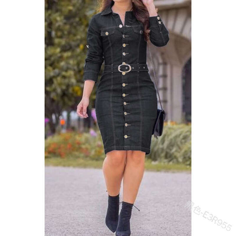 European And American Style Sexy Retro Multi Button Decoration Lapel Single Breasted Slim Fit Long Sleeved Denim Goddess Dress