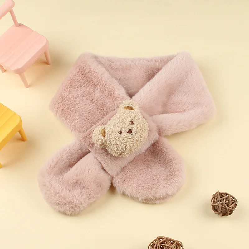 Scarves Wraps Cute Bear Plush Baby Scarf Winter Warm Fluffy Fur Boy Girl Scarves Cartoon Kids Cross Neckerchief Children Shawls H241213