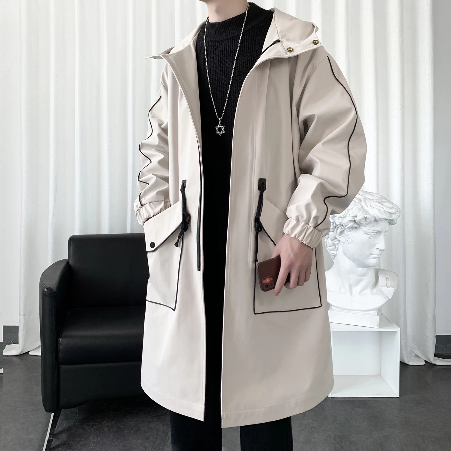 Males Long Windbreaker Hooded Trench Coat Contrasting Loose Oversized Jacket Patchwork Casual Tops Pocket Waistband Man Clothing 241213