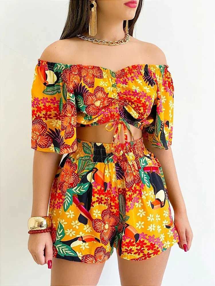 Women's Two Piece Pants Sexy Off Shoulder Slash Neck T-shirt Shorts Set Office Lady Floral Print Lace Up Short Slve Two Piece Set Women Outfit 20