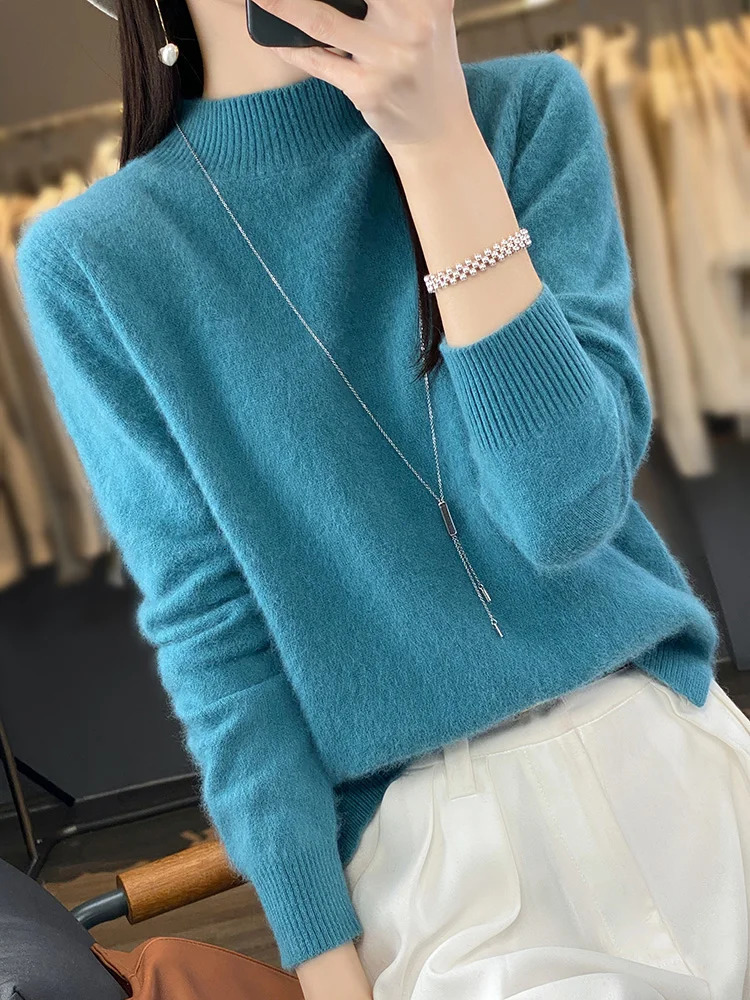 100 mink cashmere sweater for women half high collar floral long sleeved knitted fashionable autumn womens clothing 241212