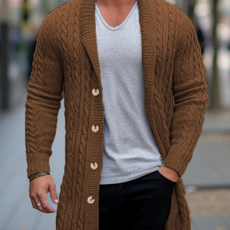 Winter Clothing Mens Knitted Jacquard Lengthen Cardigan Sweatercoat Casual High Street Pocket Long Sleeve Wool Coat Knitwear 241213