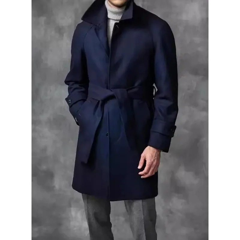 Mens Raglan Sleeve Coat Autumn and Winter Mid Length Fashion Flip Collar Wool Belt Casual 241213