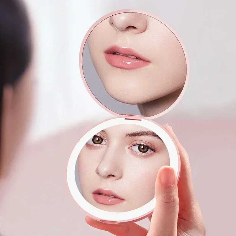Mini LED Luminous Makeup Mirror Round Portable Foldable Small with Light USB Handheld Cosmetic Compact Magnifying Lighted MirrorXJ241213