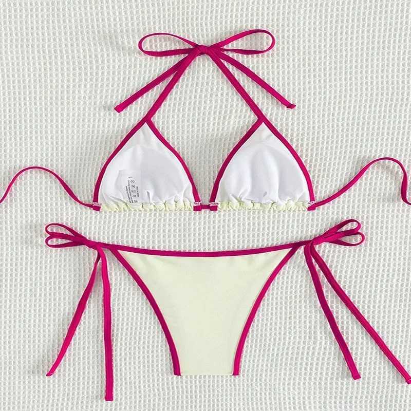 Sexy Contrasting Colors Micro String Bikinis Sets Swimsuit 2024 Women Halter Mini Thong Swimwear Biquinis Beachwear Bikini MujerXJ241212